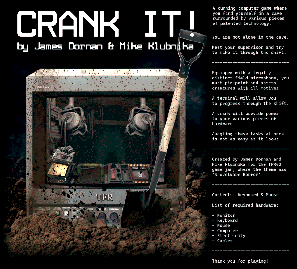Game banner for 'CRANK IT!' showing a dirty control panel, a shovel stuck in dirt, and game description text on the right.