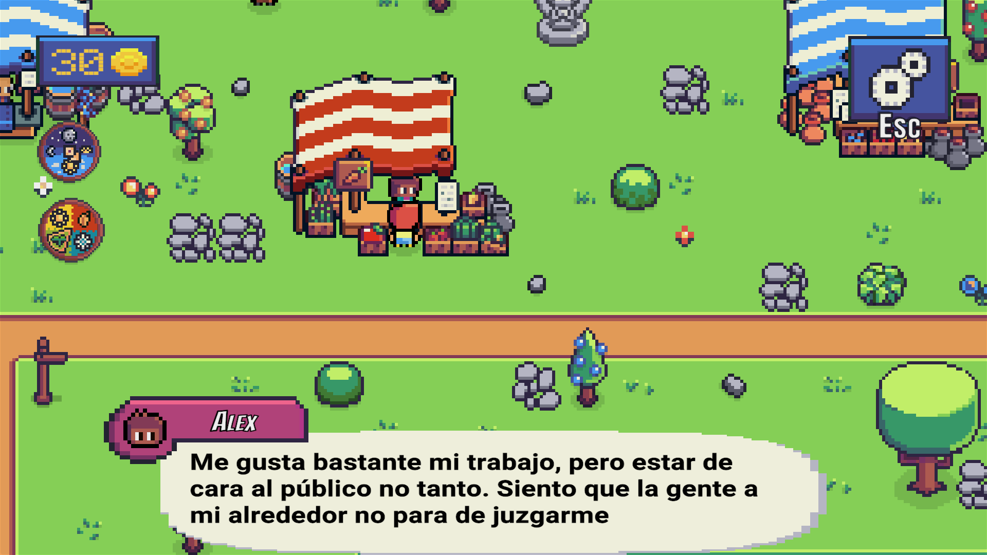 Imagen del personaje hablando a la dependiente de una tienda en un pueblo
