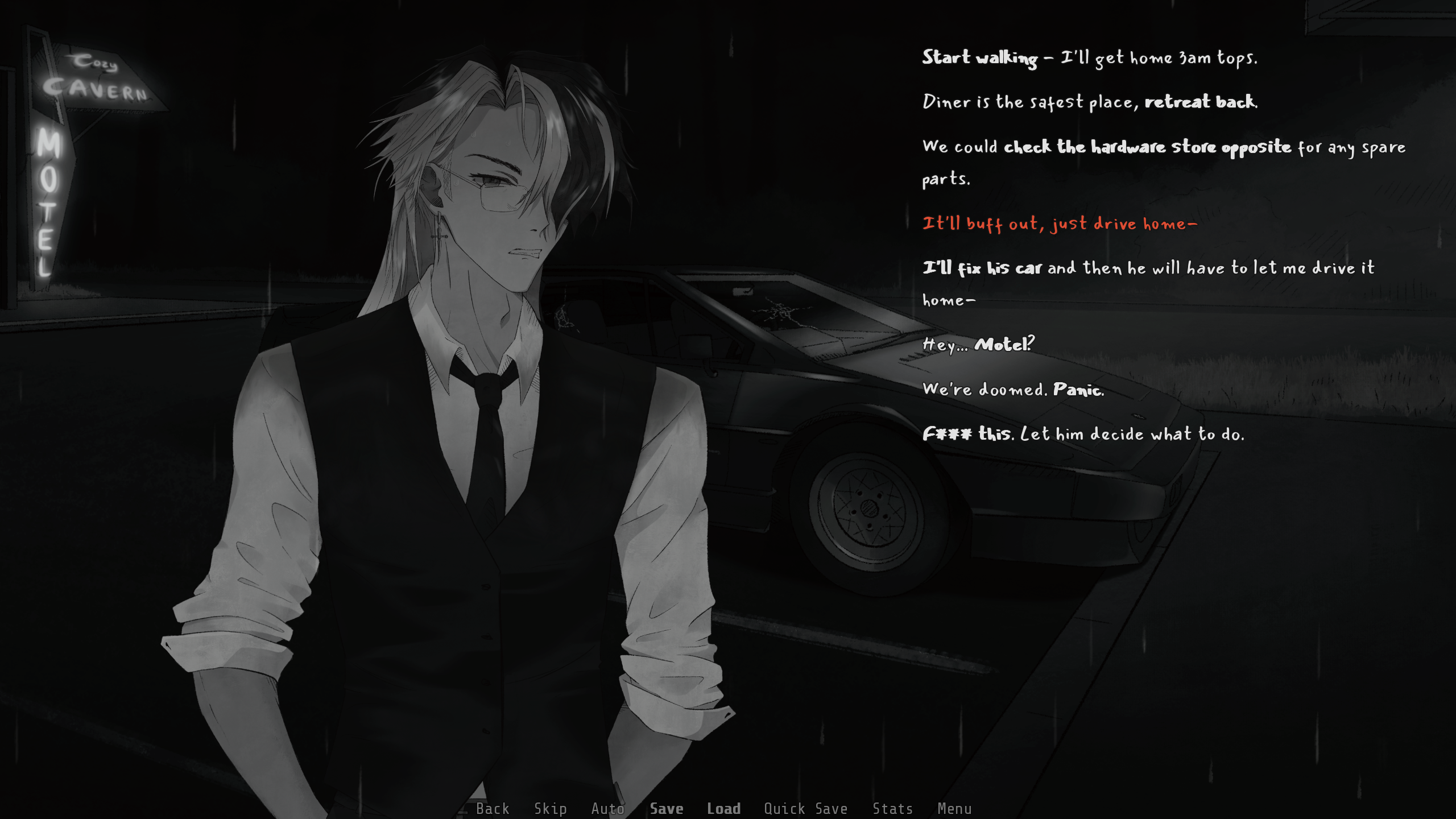 Darkness Calls the Raven: outside the diner, infront of the car, many choices.