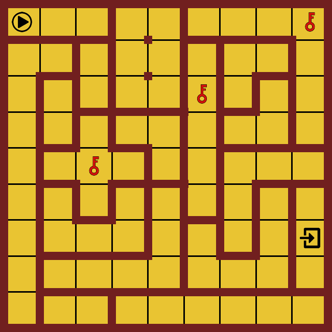 Here is an example of a labyrinth with three keys to collect.