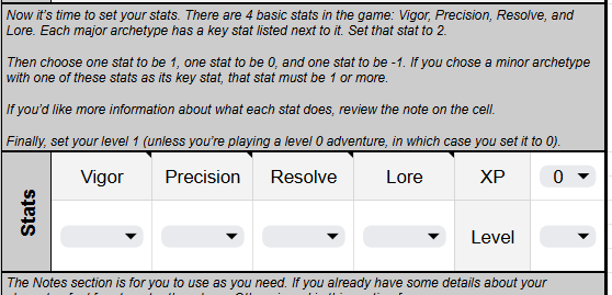 A screenshot of a portion of the online character sheet. A tutorial box explains how stats work and how players assign them.