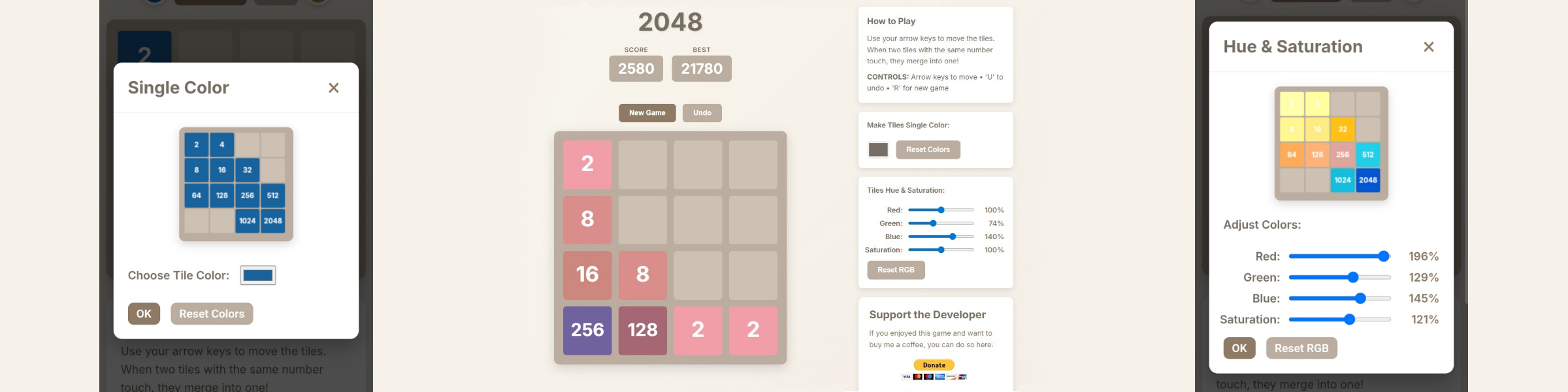 2048 with undo and color adjustment tools