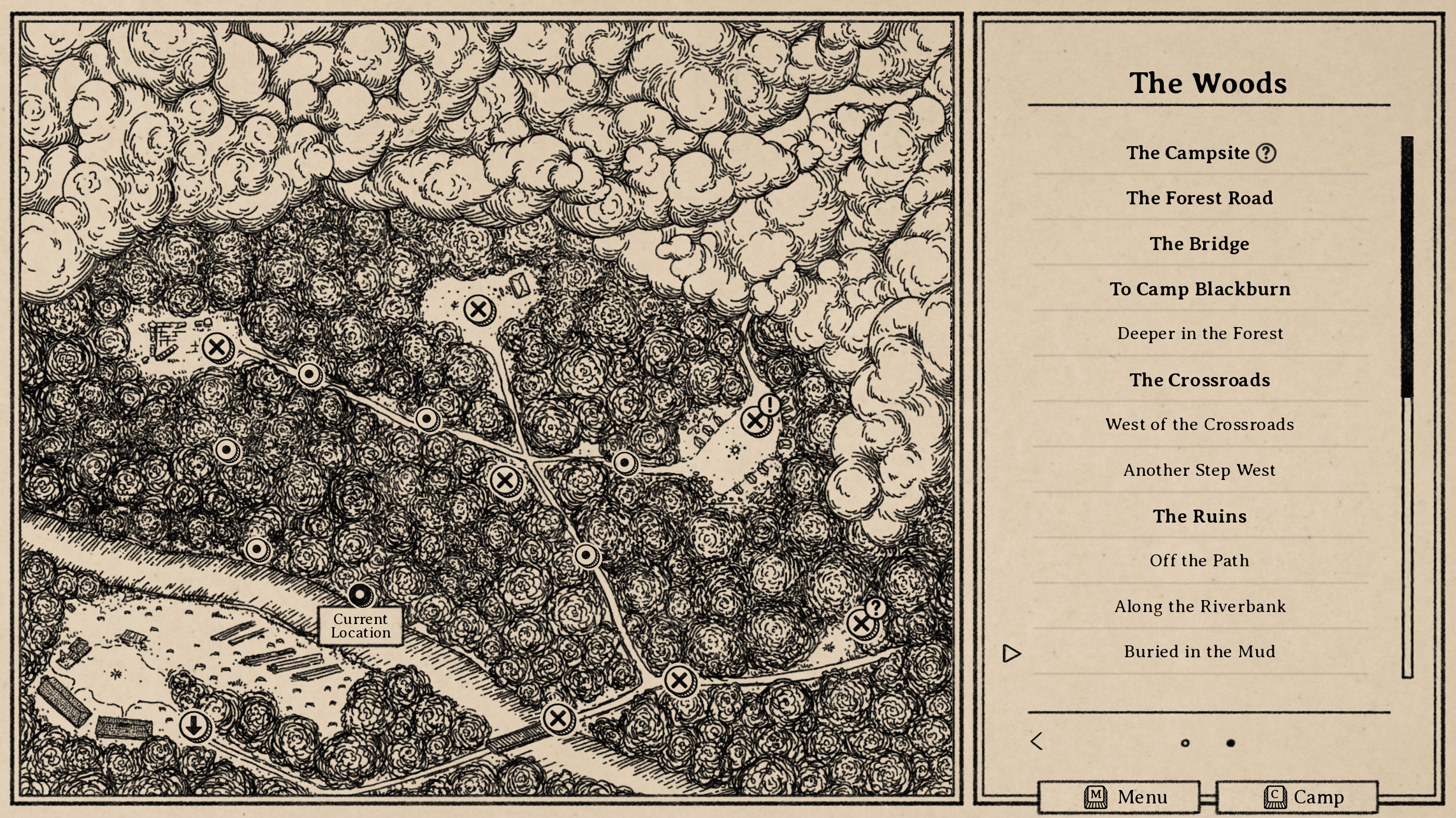 A gameplay screen showing a map partially obscured by clouds. Two types of areas are marked on the map, some with Xs and some with dots. A bunch of area names are listed on the navigation on the right side