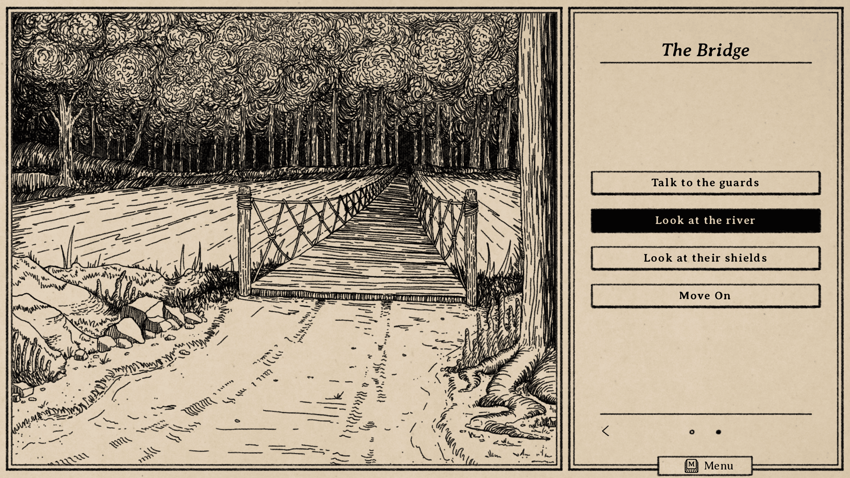 A game play scene showing a bridge over a river, a few navigation options on the right side