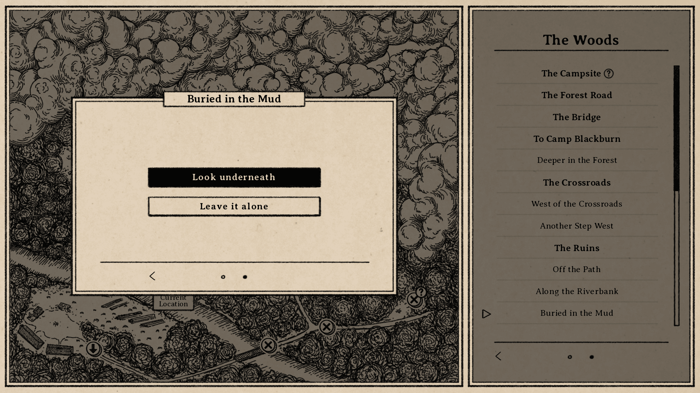 The same screen as before, but the popover now shows two button choices, one to look underneath a boat, the other to leave it alone.