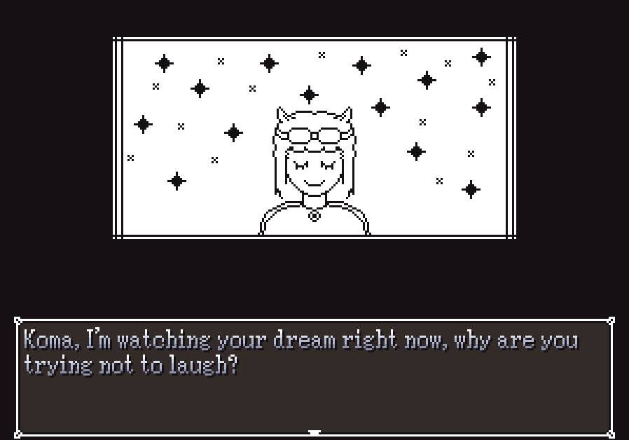 A screenshot from the prologue of The Dream Is Dead edited to read 'Koma, I'm watching your dream right now, why are you trying not to laugh?' Koma's expression is suspiciously similar to IShowSpeed's in the referenced clip.
