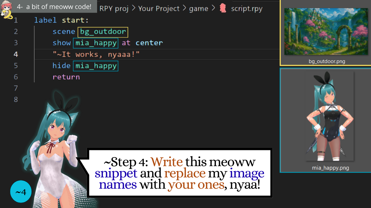 Ren’Py Tutorial Correction —  a bit of meoww code — Discover with Mia