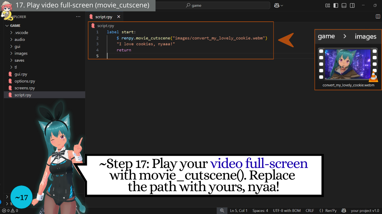 17 - Ren'Py Video Tutorial - Play video full-screen (movie_cutscene) - Discover with Mia