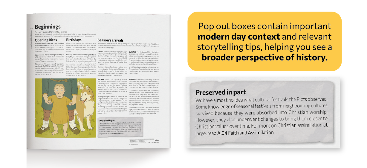 Pop out boxes contain important modern day context and relevant storytelling tips, helping you see a broader perspective of history.