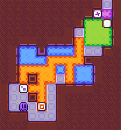 A fairly big example level of a PuzzleScript game featuring areas of different colors with boxes on some tiles. The boxes have symbols that stand for their effect, such as pushing or breaking.