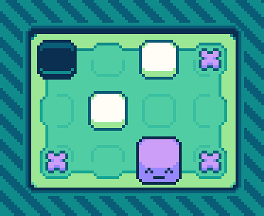 A small Sokoban style level with targets for crates. Each crate is either white or black.