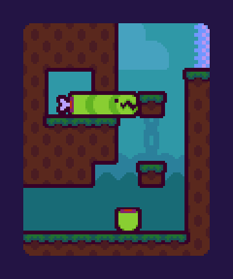 The first level in my game SNEKrifice that features the splitting mechanic. The screenshot shows the player just having used the mechanic, so the last tile is replaced with a cartoon bone and the actual part has fallen to the floor.