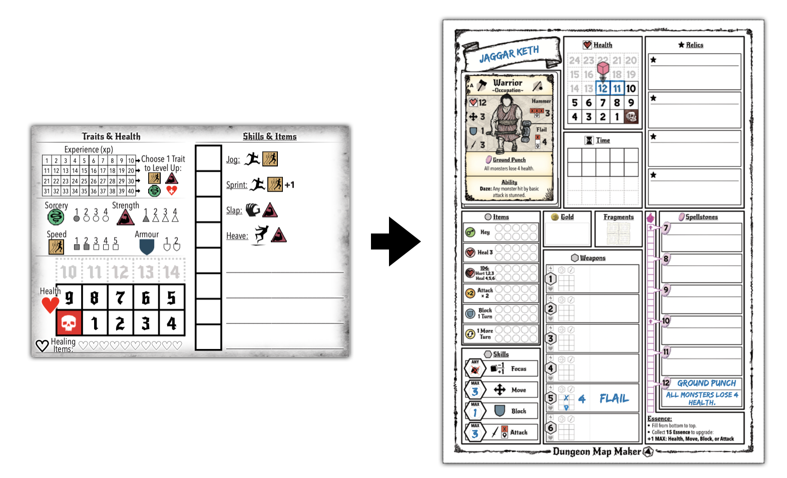 Prototype vs Final Character Sheet comparison