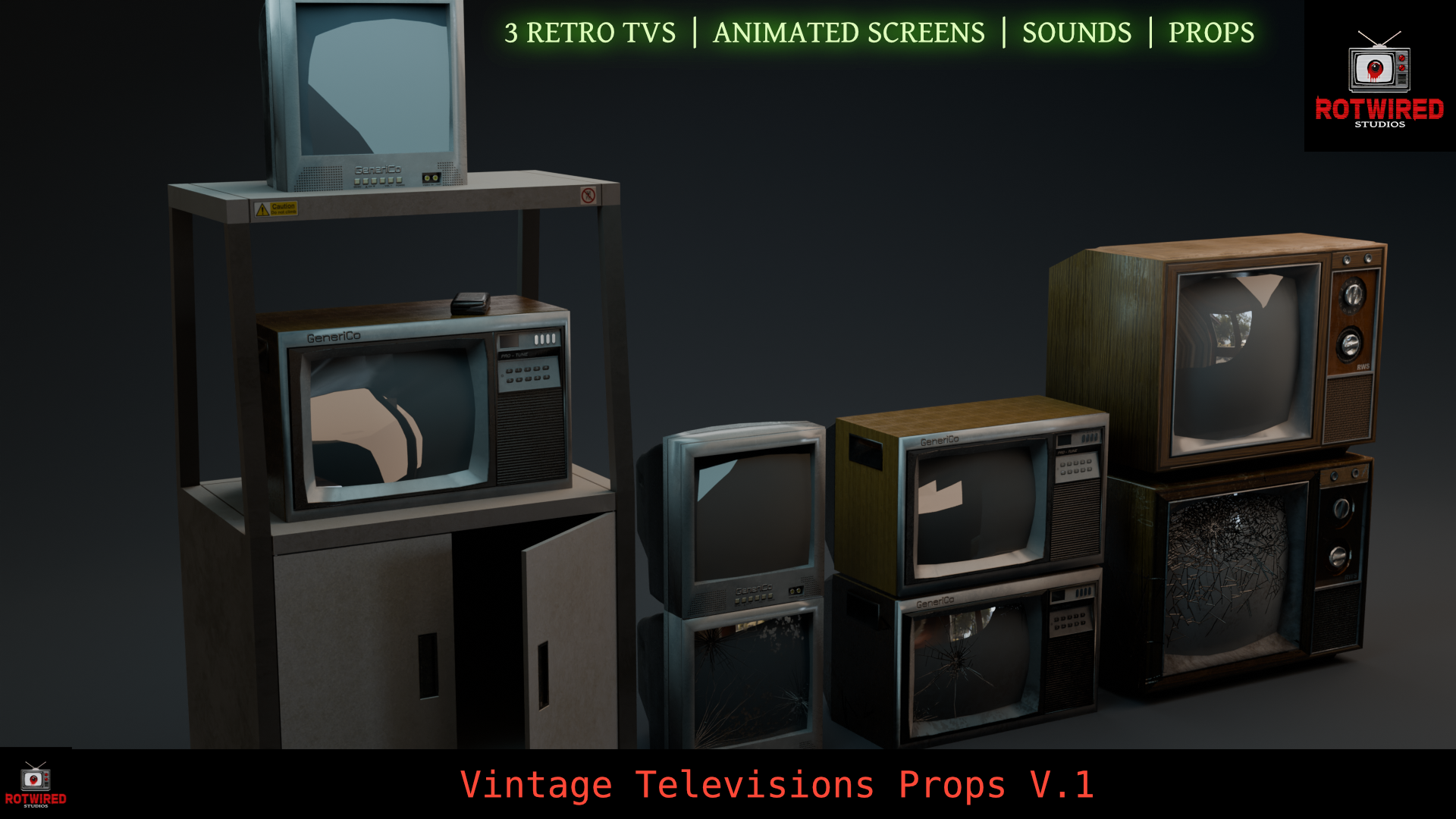Vintage Televisions Pack Vol. 1 - Retro 3D Models + Animated Screens + SFX