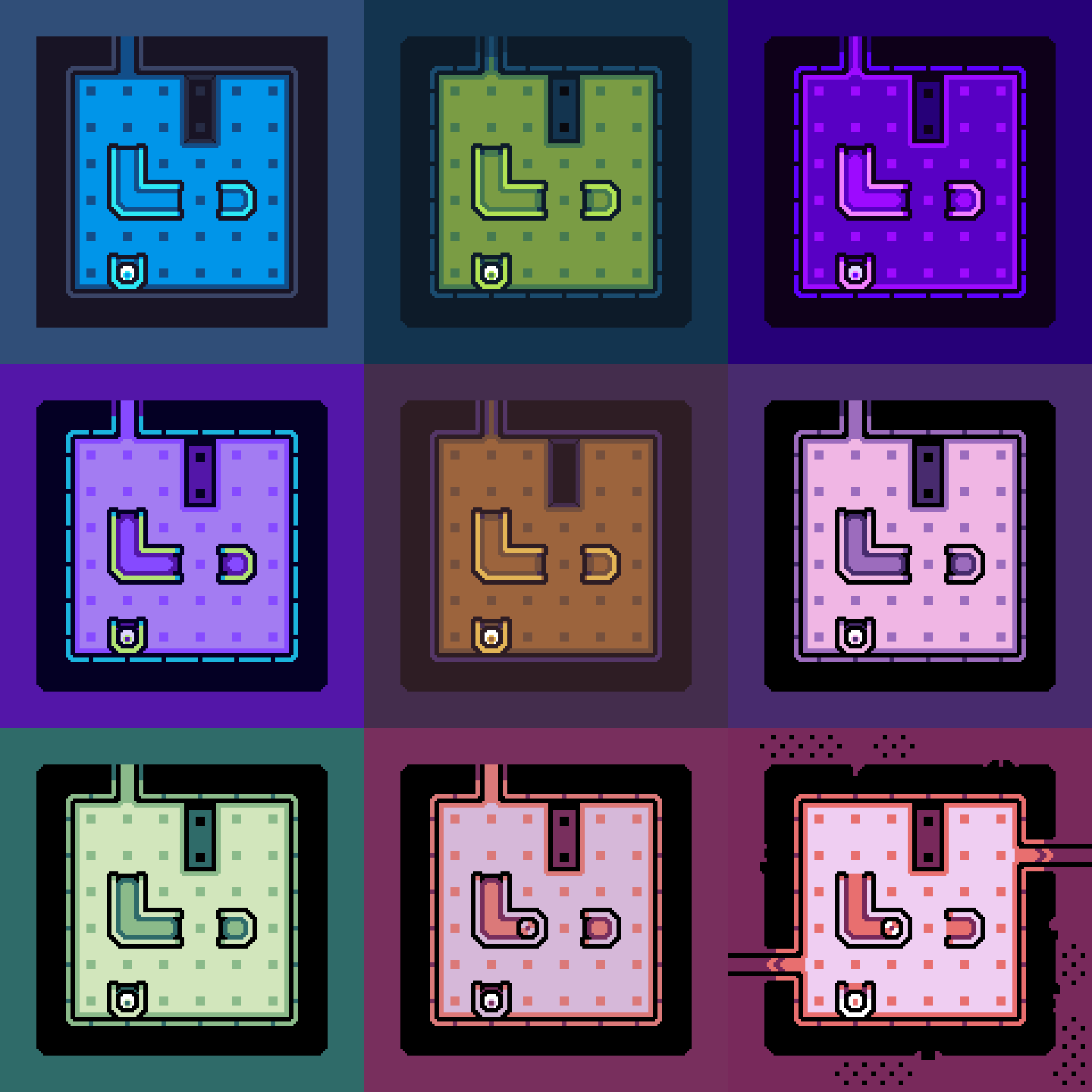 A selection of color palettes and styles applied to the same level mockup