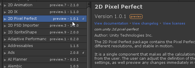2D Pixel Perfect (In Package Manager)