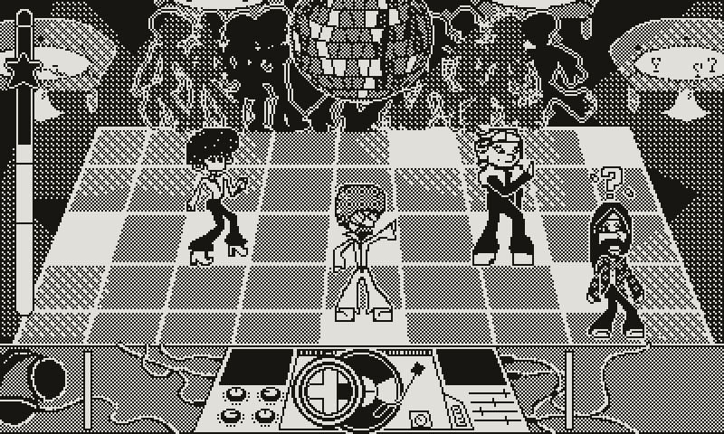 Game level taking place in a dance club. The main character is in the center, surrounded by other dancers, while the game UI shows button inputs scrolling by at the bottom, highlighted in different ways depending on player timing