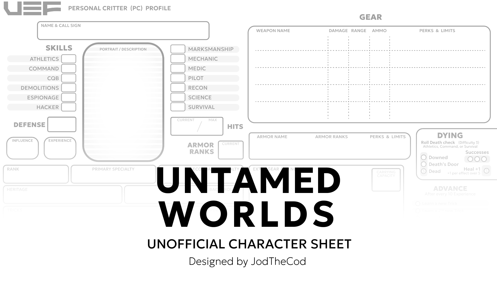 Untamed Worlds Character sheet