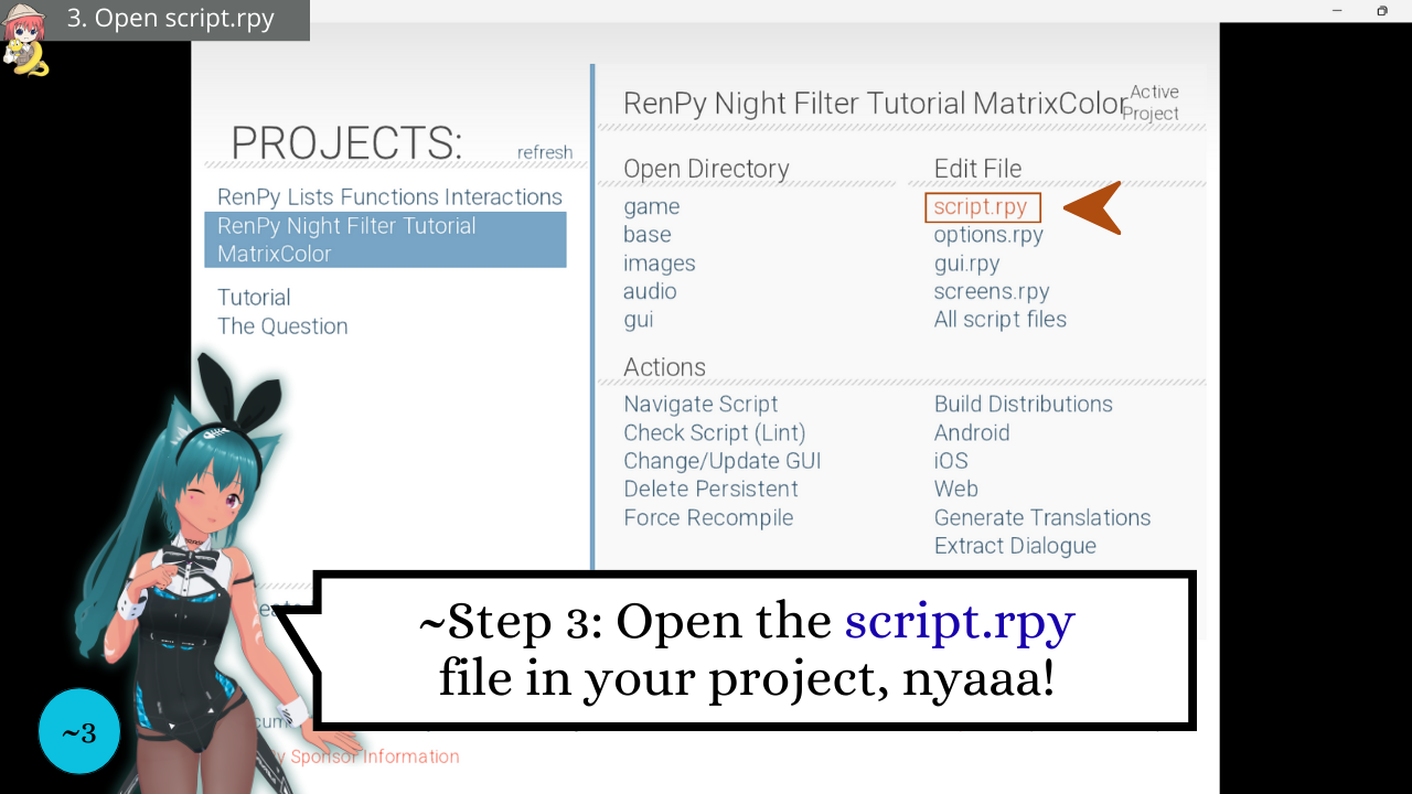 3 – Ren’Py Night Filter Tutorial (MatrixColor) – Open script – Discover with Mia
