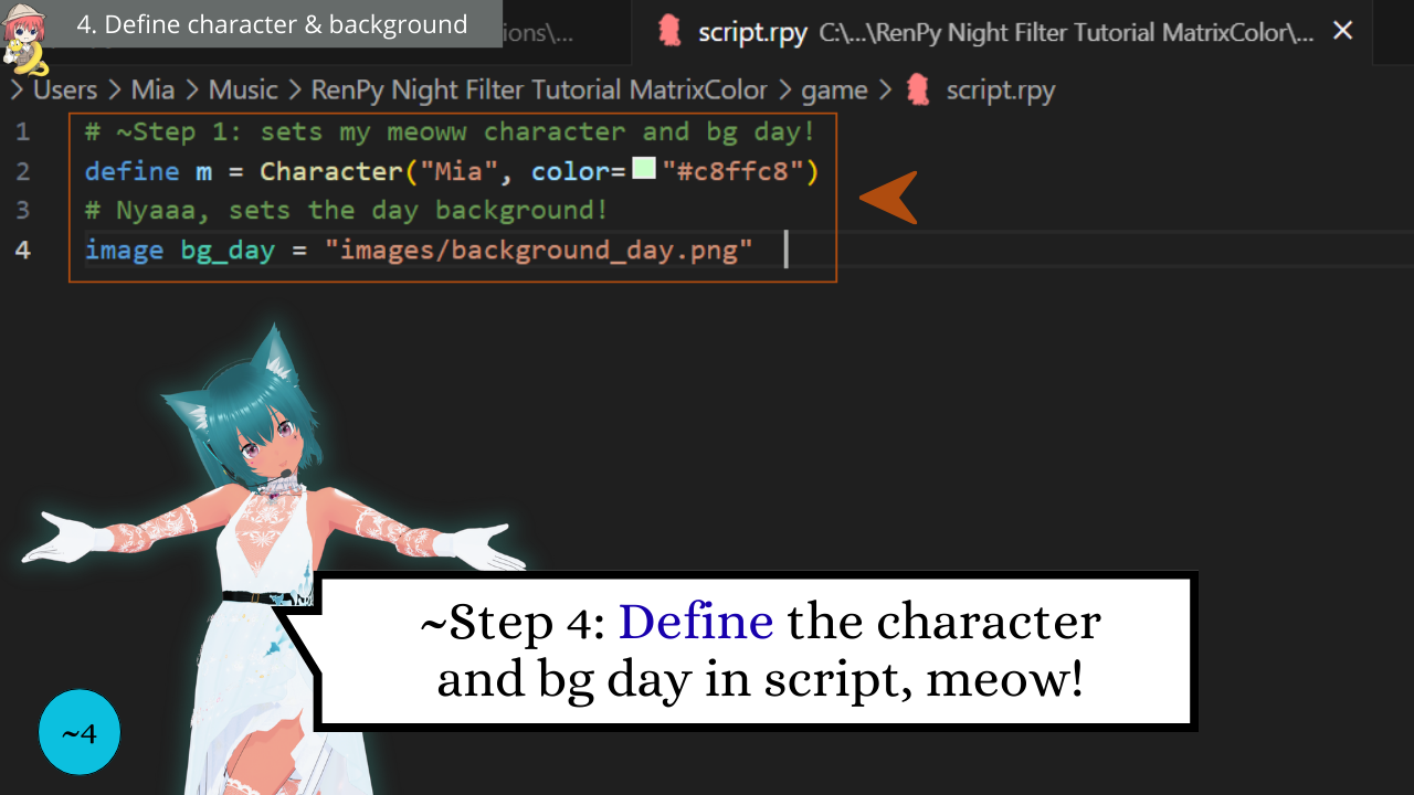 4 – Ren’Py Night Filter Tutorial (MatrixColor) – Define character and bg day – Discover with Mia