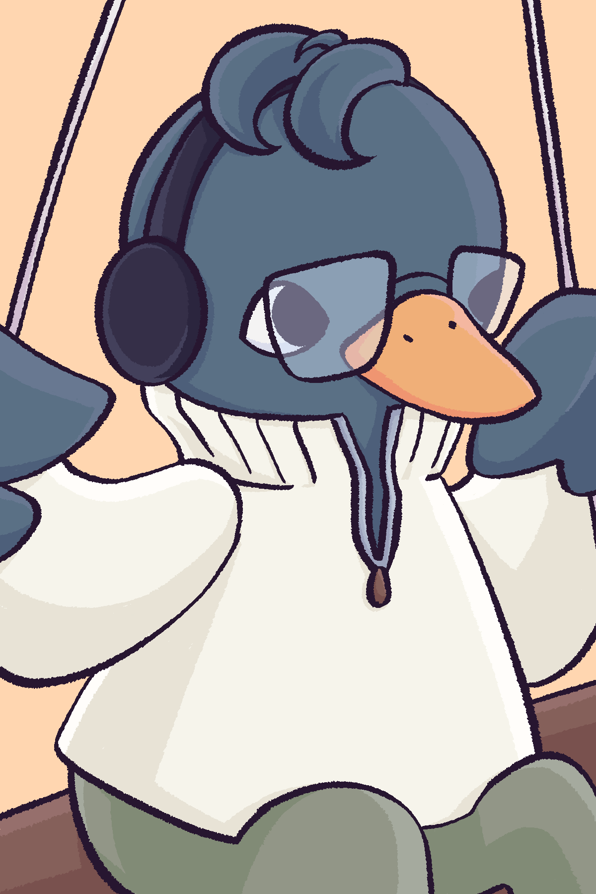 A drawing of a duck on a swing. It is wearing headphones, a zip up jacket, and a pair of square glasses.
