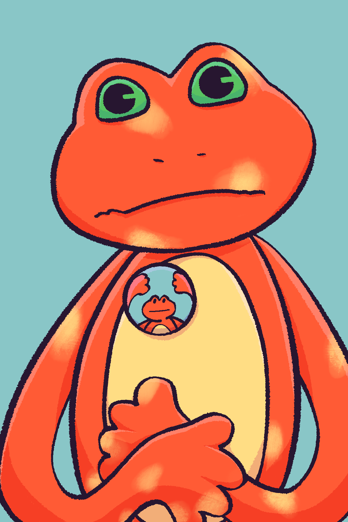 A drawing of a frog. Its hands are crossed and it is wearing a button with a drawing of itself on it.