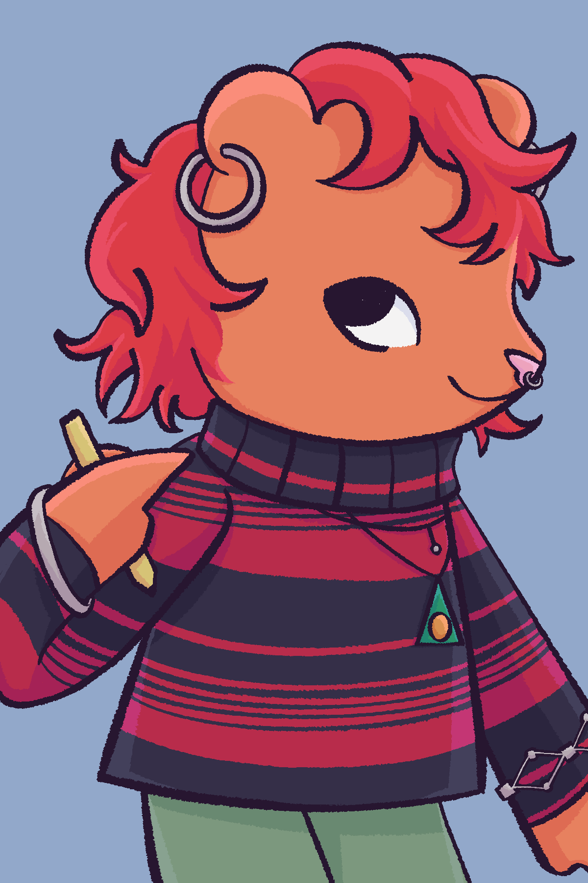 A drawing of a bear. It has short curly hair and is wearing a turtleneck sweater. It is holding a pen in one hand.