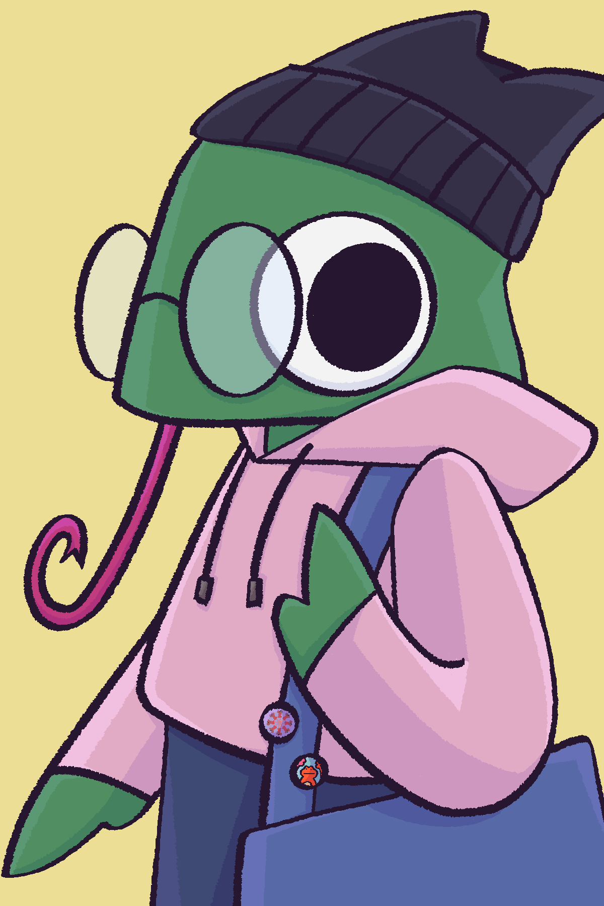 A drawing of a chameleon. It is wearing a beanie, a hoodie, and large round glasses. It has a bag over one shoulder and its tongue is out, curling at the end.