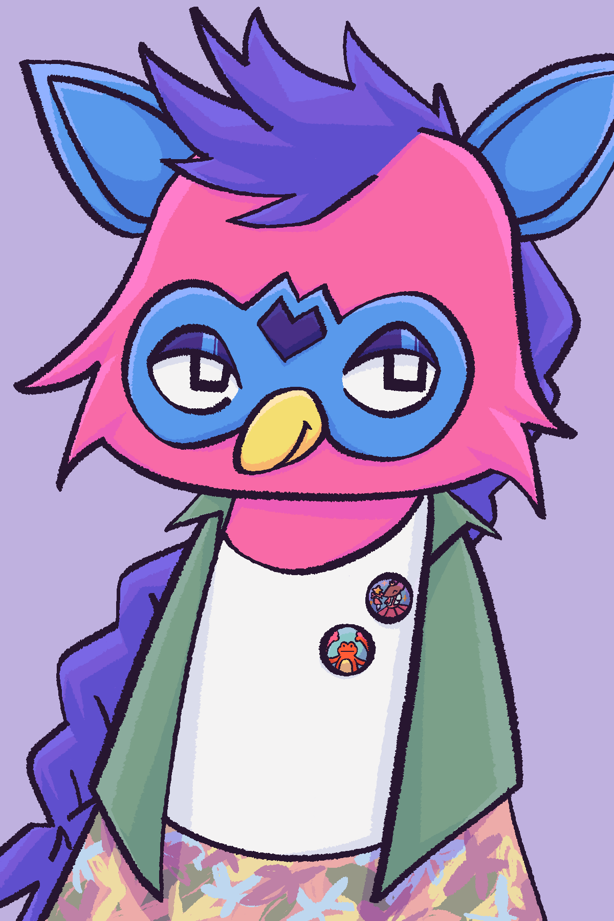 A drawing of a furby. It is wearing a jacket with two pins, and has a long braid down its back.