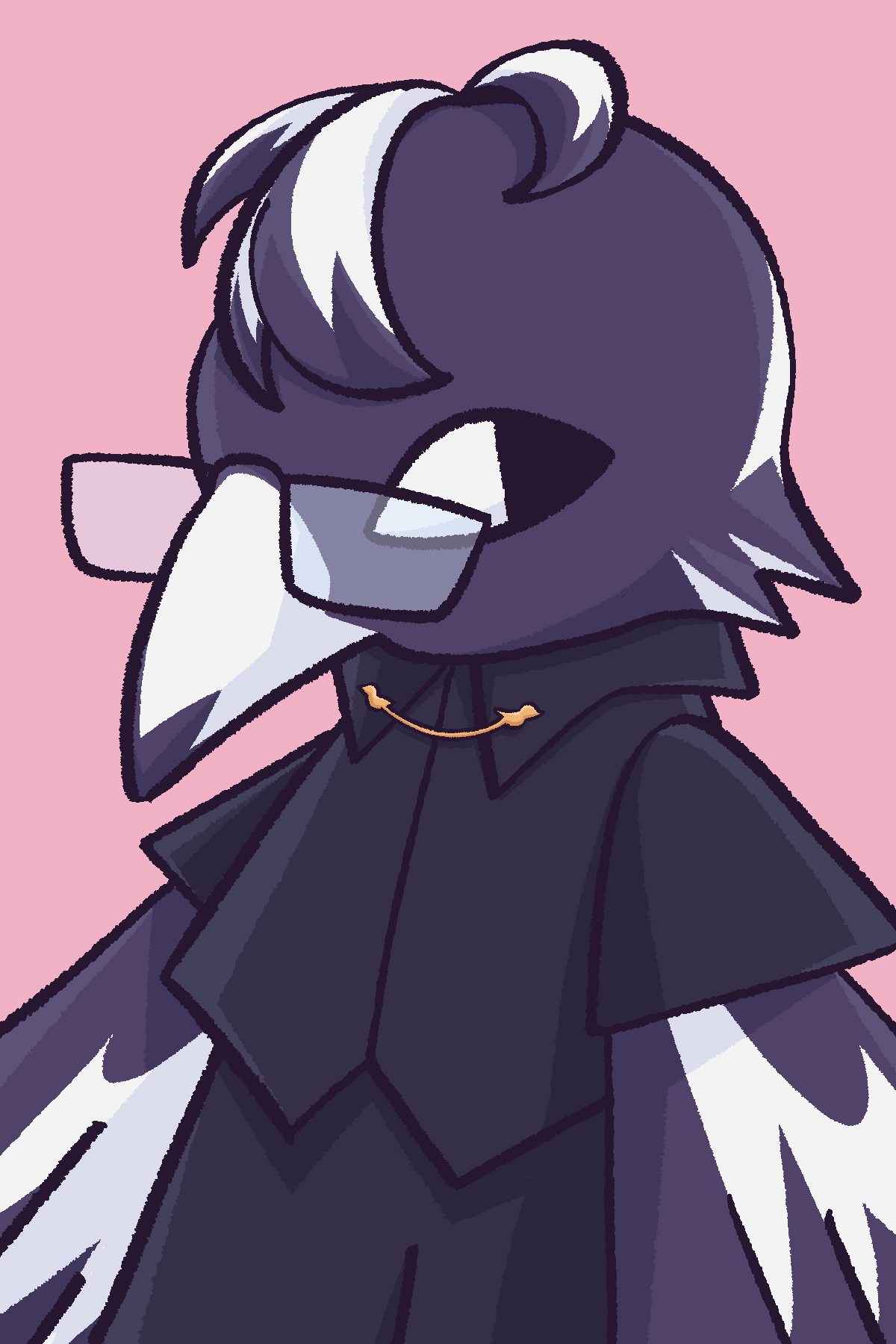 A drawing of a bird. It is wearing rectangular glasses and an angular dress shirt with a collar chain.