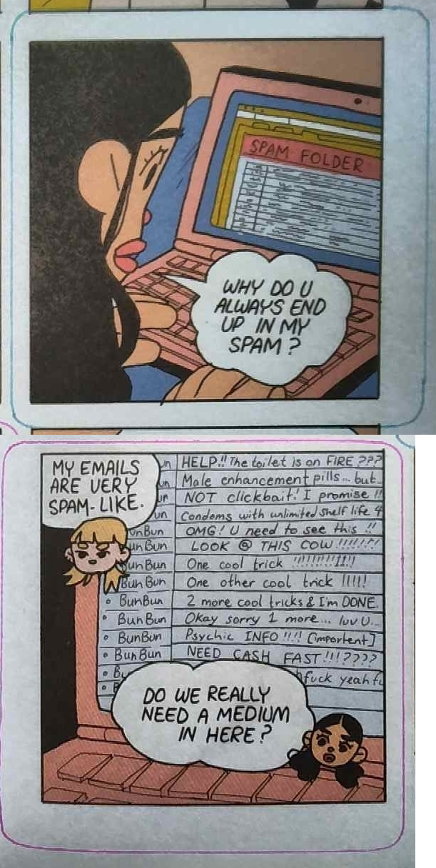 two panels of a comic; emails from a “bun-bun” have subjects that spam since begun to imitate