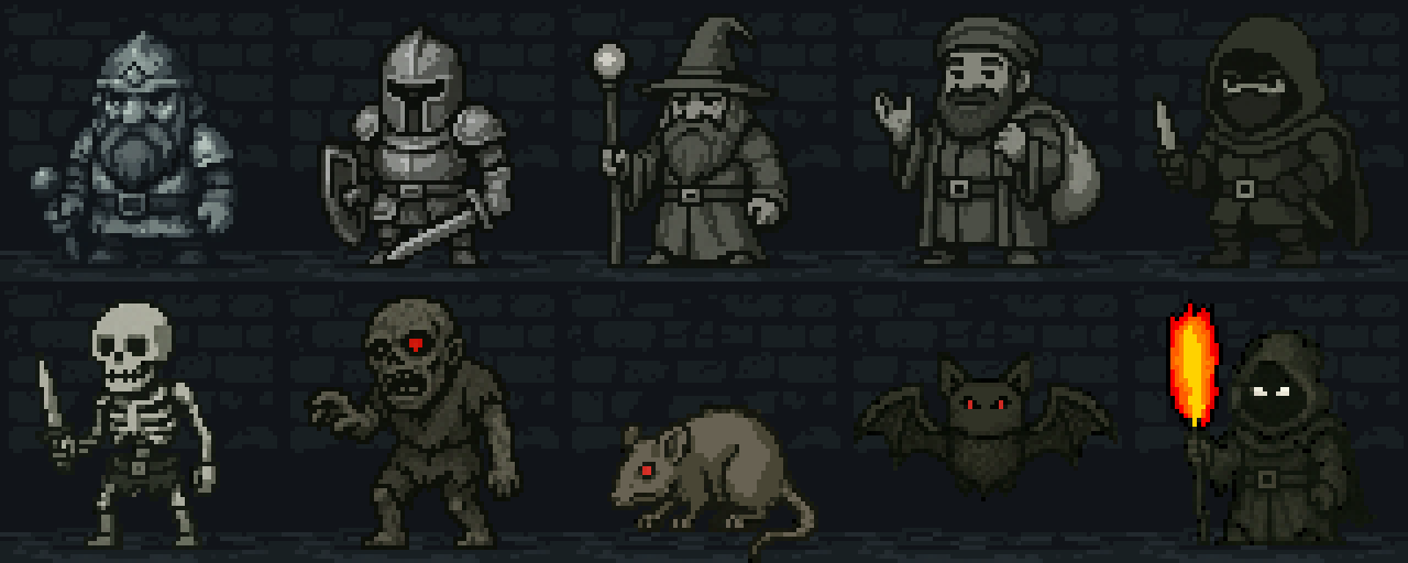 Retro Dungeon — 10 Grayscale 64x64 character 8-bit