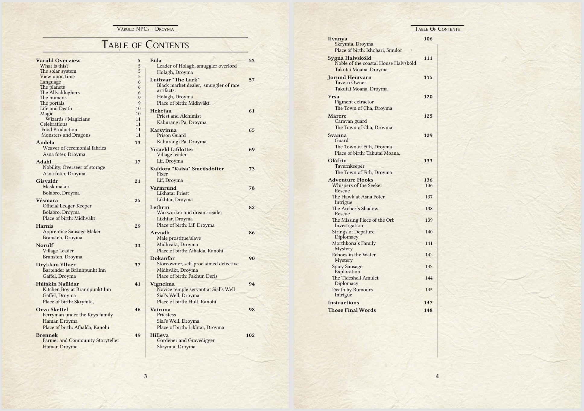 Table of Contents Väruld Droyma NPC