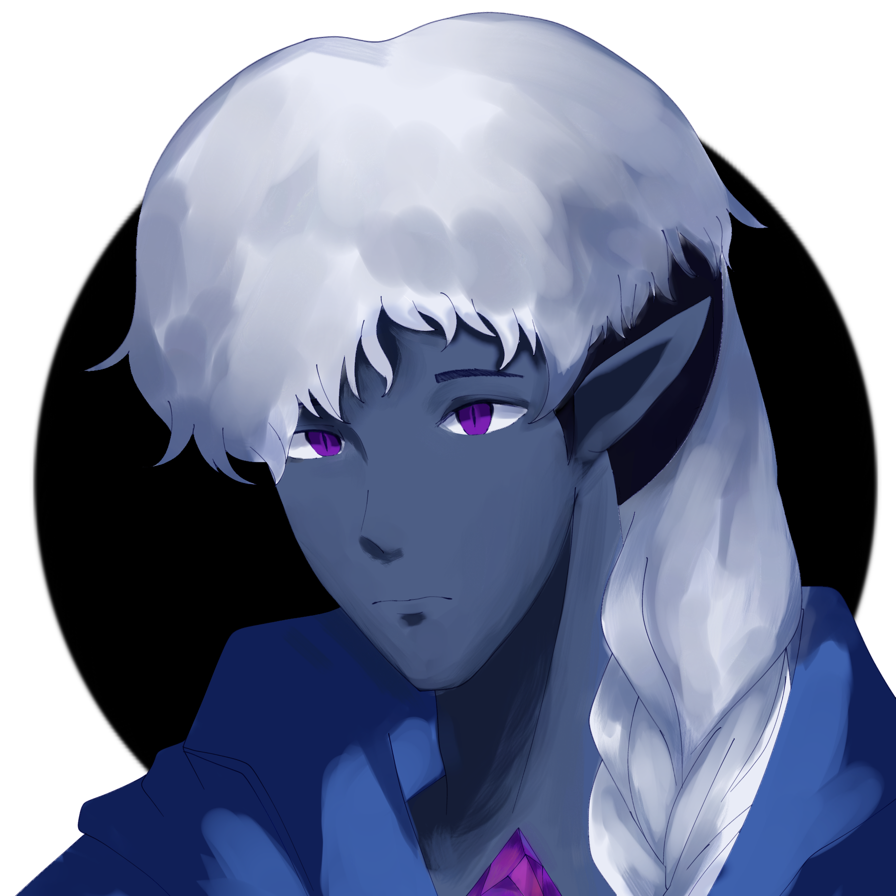 Portrait of an elf with dark gray skin, white hair in a long braid, and purple eyes.
