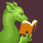 A user icon of a green dragon reading a book.