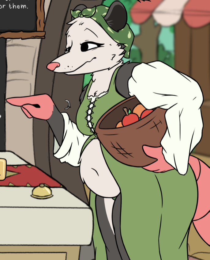 Opossum lady in front of shop counter