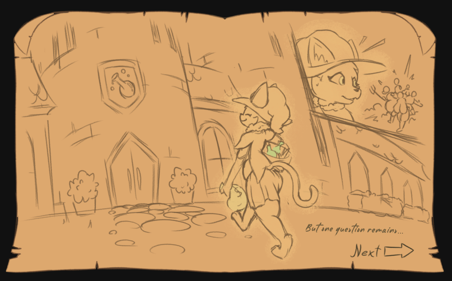 Drawing of brewing cat merrily walking in the alchemy university, then spotting a mob chasing her with a text saying “But the question remains…”