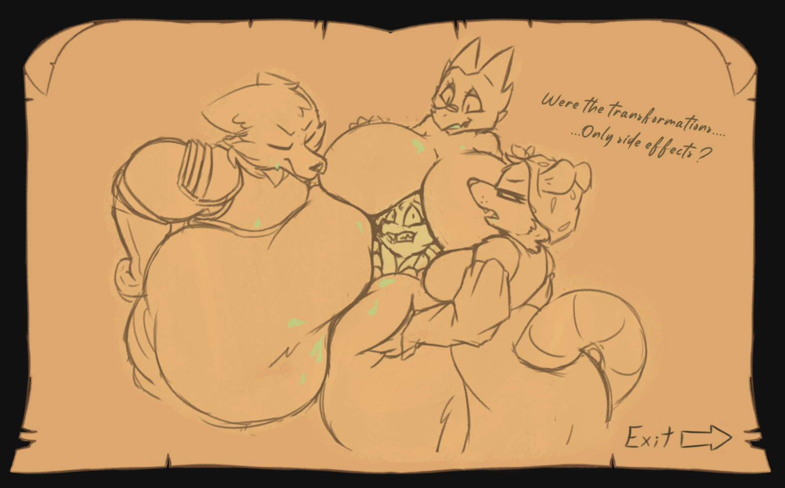 Drawing of brewing cat being smoldered from all sides by the previous clients and their expanded body parts with a text saying âWere the transformations⌠Only side effects?â