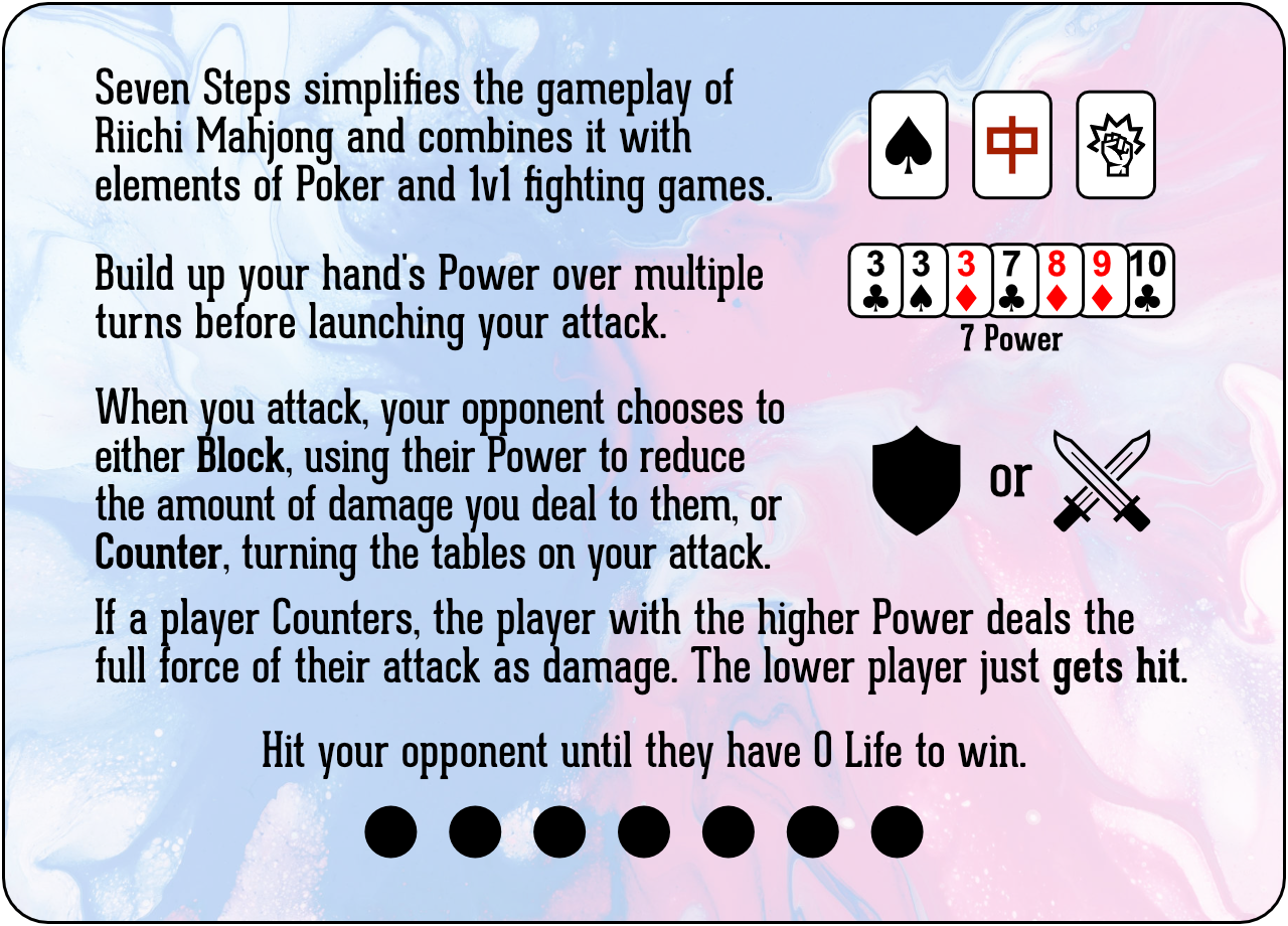 Seven Steps simplifies the gameplay of Riichi Mahjong and combines it with elements of Poker and 1v1 fighting games. Build up your hand's Power over multiple turns before launching your attack. When you attack, your opponent chooses to either Block, using their Power to reduce the amount of damage you deal to them, or Counter, turning the tables on your attack. If a player Counters, the player with the higher Power deals the full force of their attack as damage. The lower player just gets hit. Hit your opponent until they have 0 Life to win.