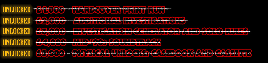 UNLOCKED £1,000 - Hardcover print run, UNLOCKED £2,000 - Additional investigations, UNLOCKED £3,000 - Random investigation generator, £4,000 - Mid-'90s soundtrack, £5,000 - Physical Unlocks: Casebook and Cassette