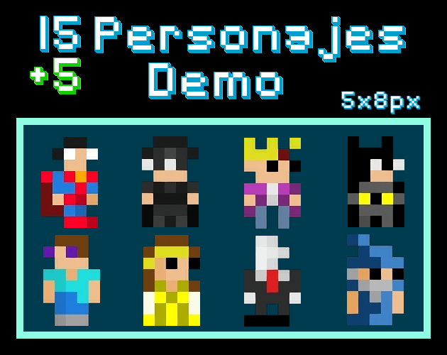 20 pixel art characters of 5x8px