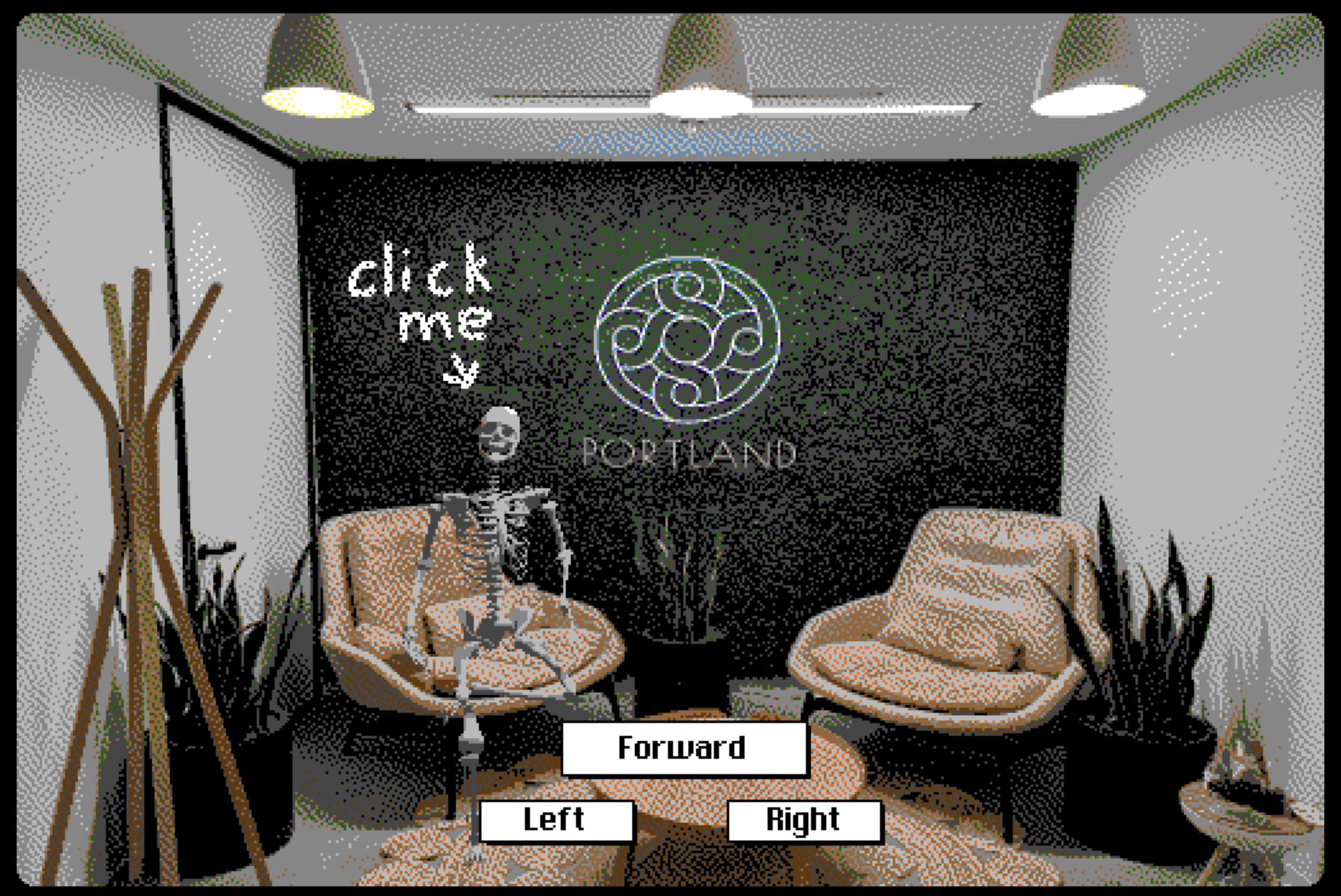A screenshot of a Decker game, featuring a skeleton with the text "click me" above their head