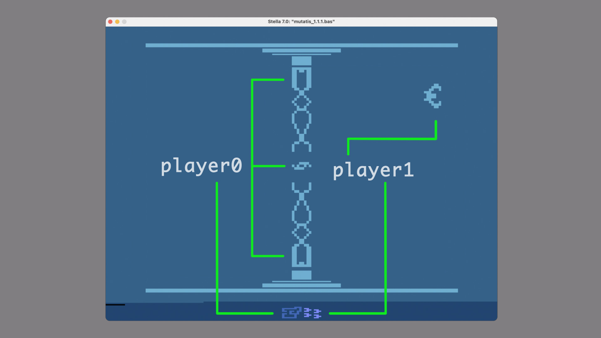 Screenshot showing the position of the player0 and player1 sprites in both the kernel and minikernel.