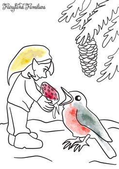 A coloring page of a gnome with a bird