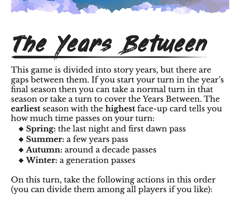 Screenshot of the start of the 'Years Between' section from the Twilight Song v1.0 game text (which uses the High Season mechanic).