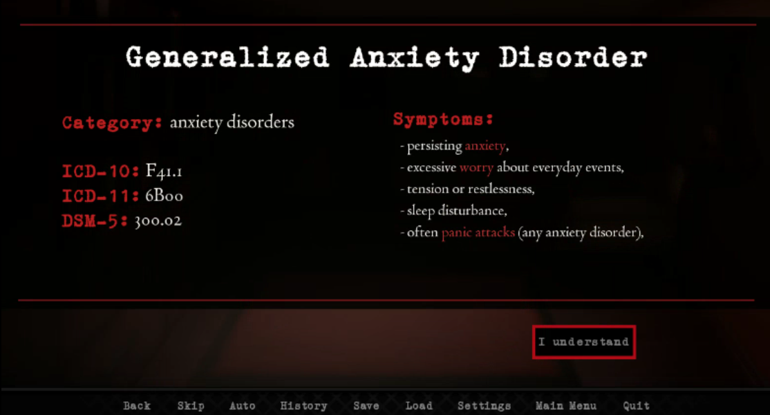 The disorder info screen