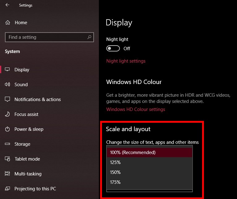 Screenshot of the diplay settings on Windows 10