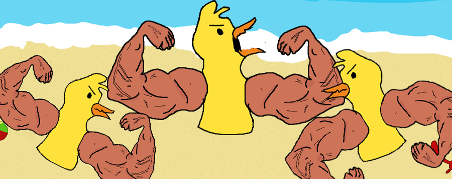 Help! The giant Duck Overlord wants to eat perfectly tanned humans again!