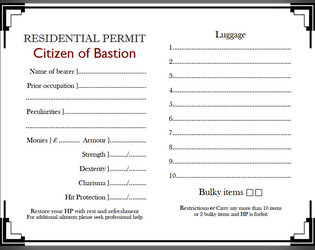 Electric Bastionland Residential Permit   - Simple character sheets for Into The Odd and Electric Bastionland, inspired by the old British passport. 