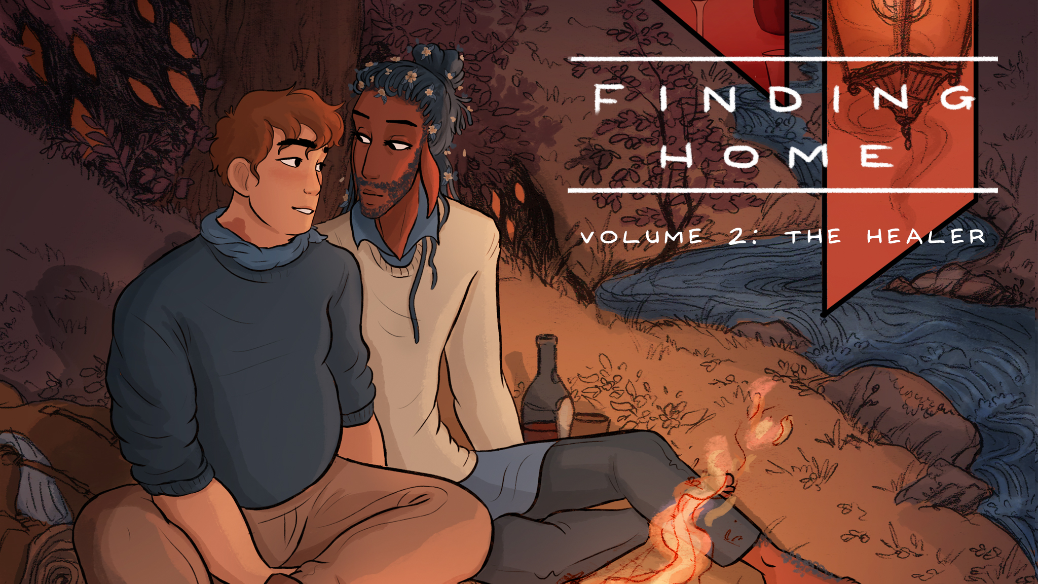 A cropped image of the second volume of the comic series "Finding Home" by Hari Conner.  Two men sit by a fire, in a forest next to a river.  The man on the left is human, while the one on the right is fae with green hair full of flowers.  They are gazing into each other's eyes, the human looking fond and blushing slightly while the fae looks wary and guarded.